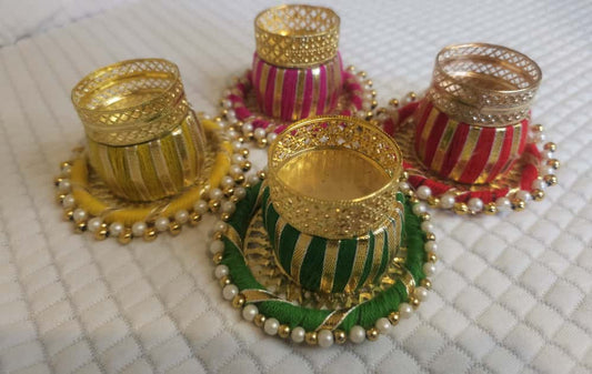 Decorative Gota Diya Holders with Pearl Base - Set of 6