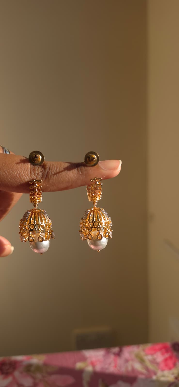 Ornate Gold Pearl Drop Earrings | Handcrafted Traditional Kundan Statement Earrings | Simply Sajavat Manchester