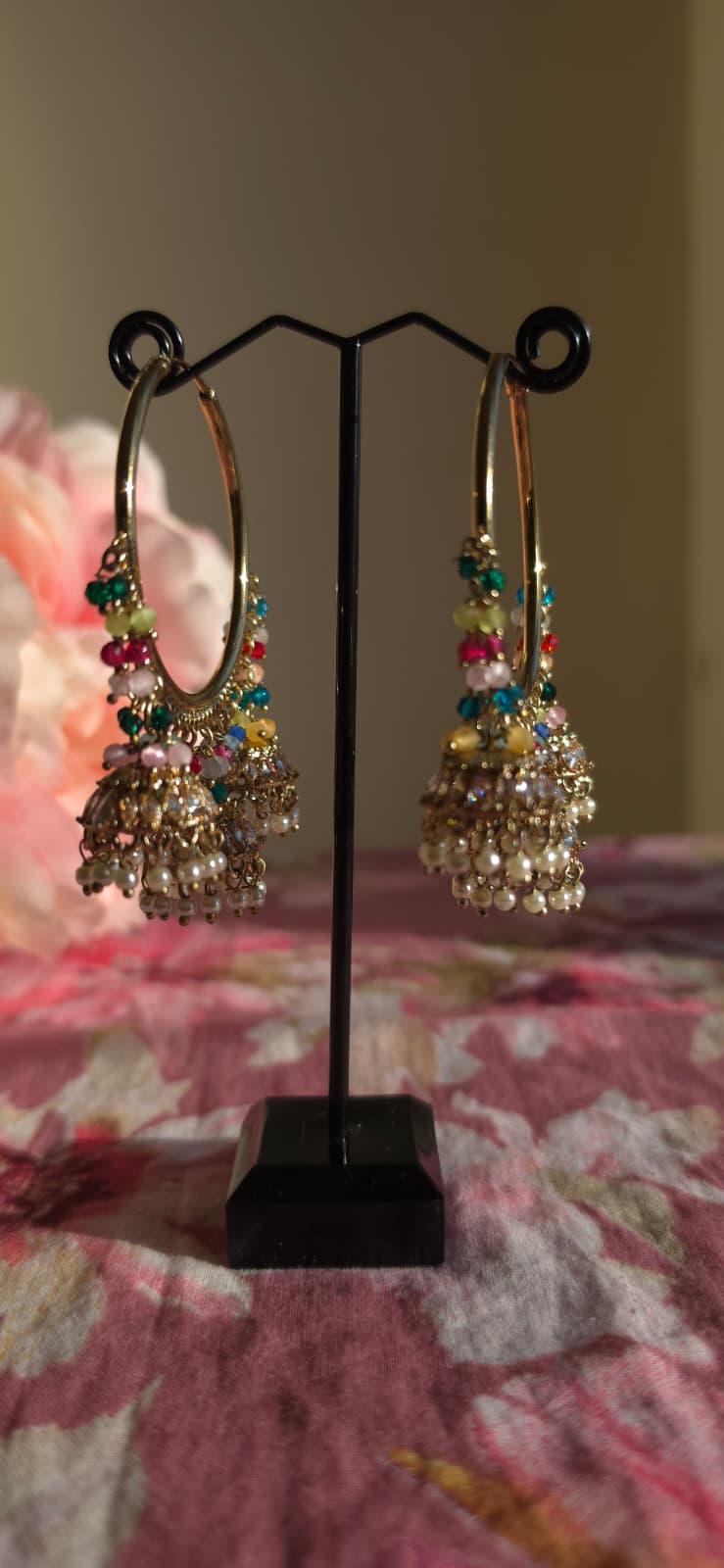 Multicolor Bead & Kundan Hoop Jhumka Earrings | Gold Hoop Drop Earrings | Simply Sajavat Manchester