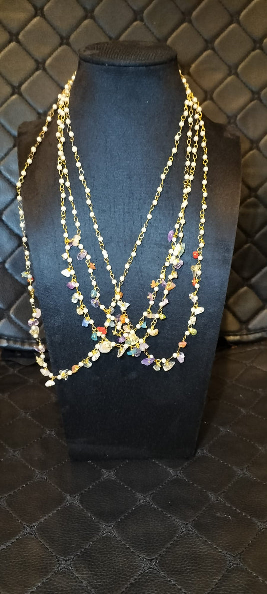 Golden Brass Chain Necklace with Multi-Gemstone Charms
