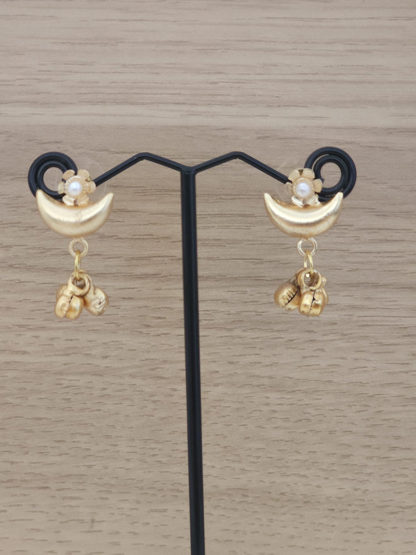 Crescent Chand Earrings Handcrafted .Brass Earrings  Filigree Pearl & Ghungroo Danglers .