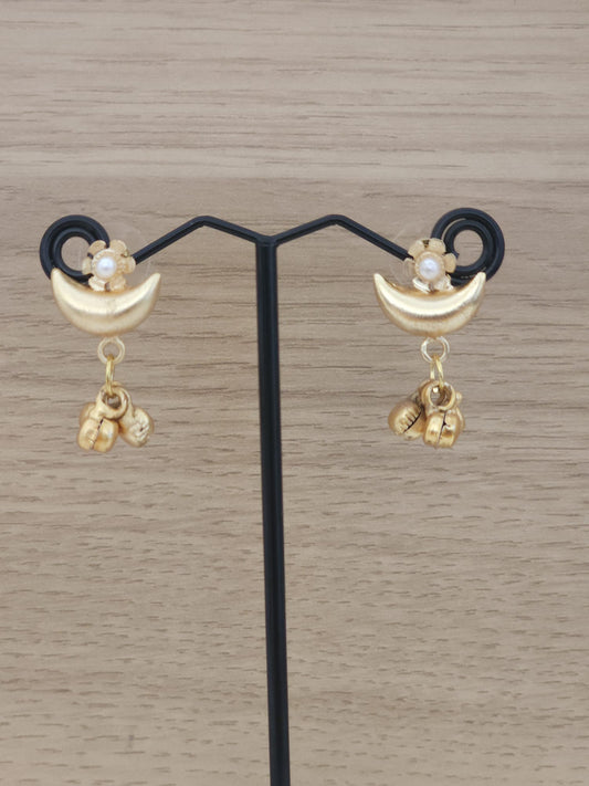Crescent Chand Earrings Handcrafted .Brass Earrings  Filigree Pearl & Ghungroo Danglers .