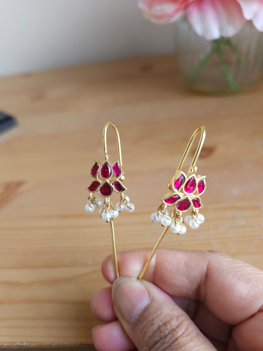 Golden Brass Floral Hook Earrings | Ruby & Pearl Solid Metal Drops | Simply Sajavat Manchester