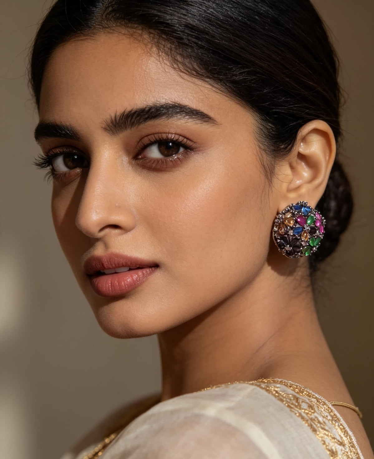 Multicolor American Diamond Brass Ear Studs | Handcrafted Floral Statement Earrings | Simply Sajavat Manchester