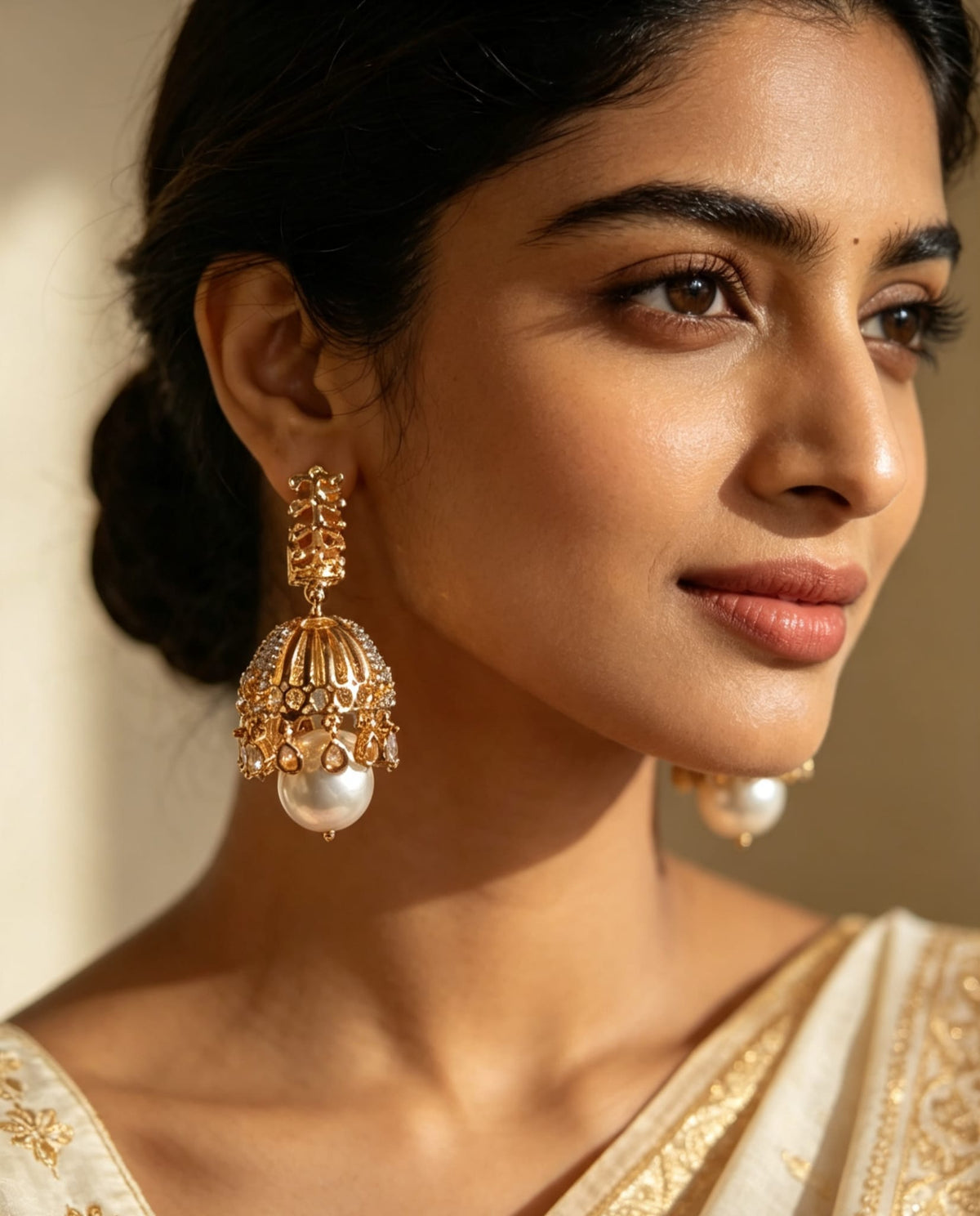Ornate Gold Pearl Drop Earrings | Handcrafted Traditional Kundan Statement Earrings | Simply Sajavat Manchester