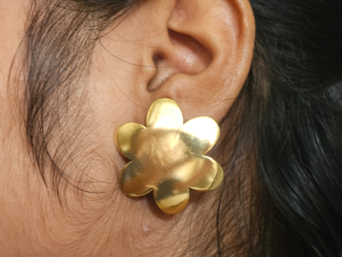 Floral  Earrings Handcrafted Brass Flower Studs | Oversized Floral Statement Earrings