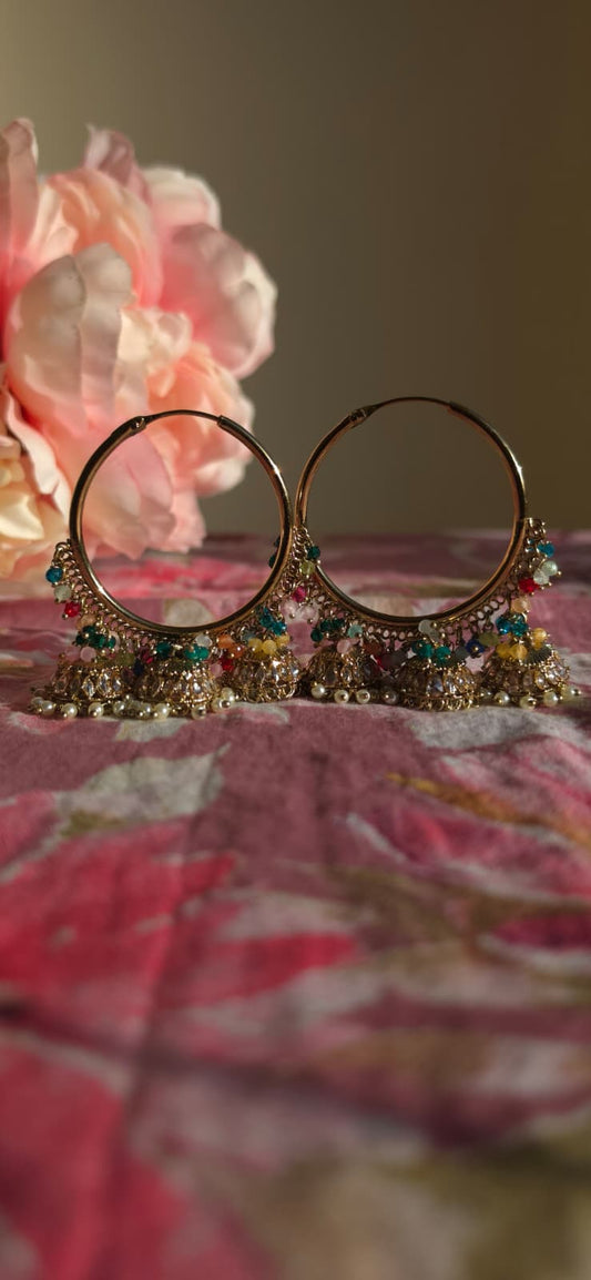 Multicolor Bead & Kundan Hoop Jhumka Earrings | Gold Hoop Drop Earrings | Simply Sajavat Manchester