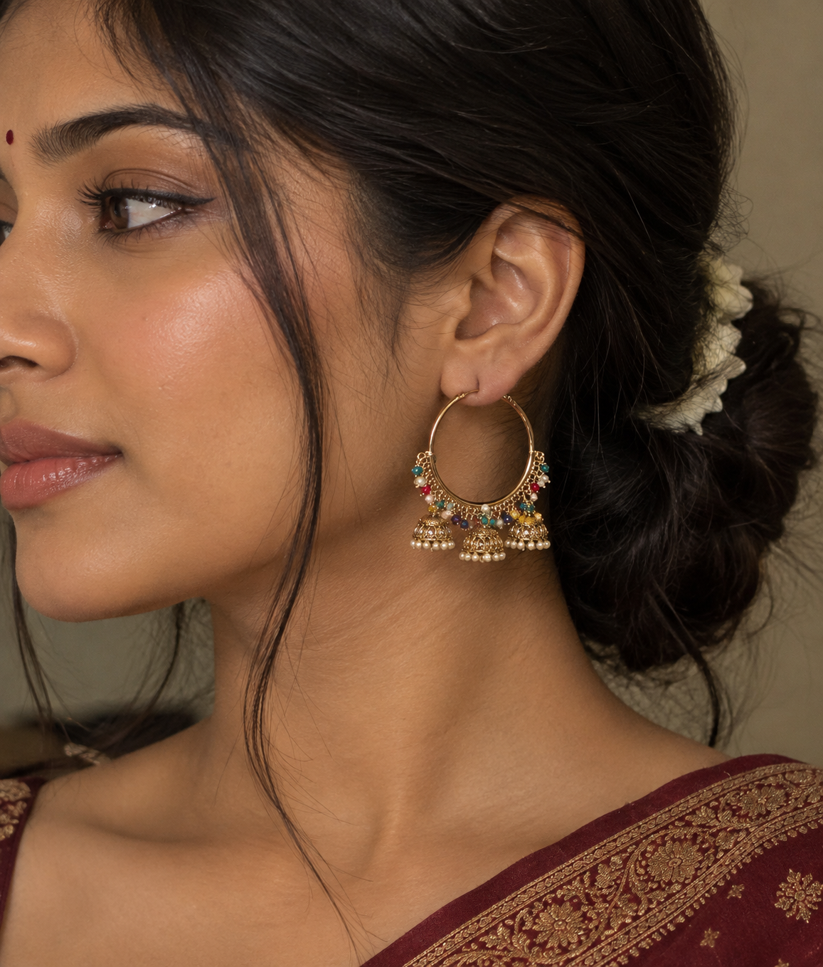 Multicolor Bead & Kundan Hoop Jhumka Earrings | Gold Hoop Drop Earrings | Simply Sajavat Manchester