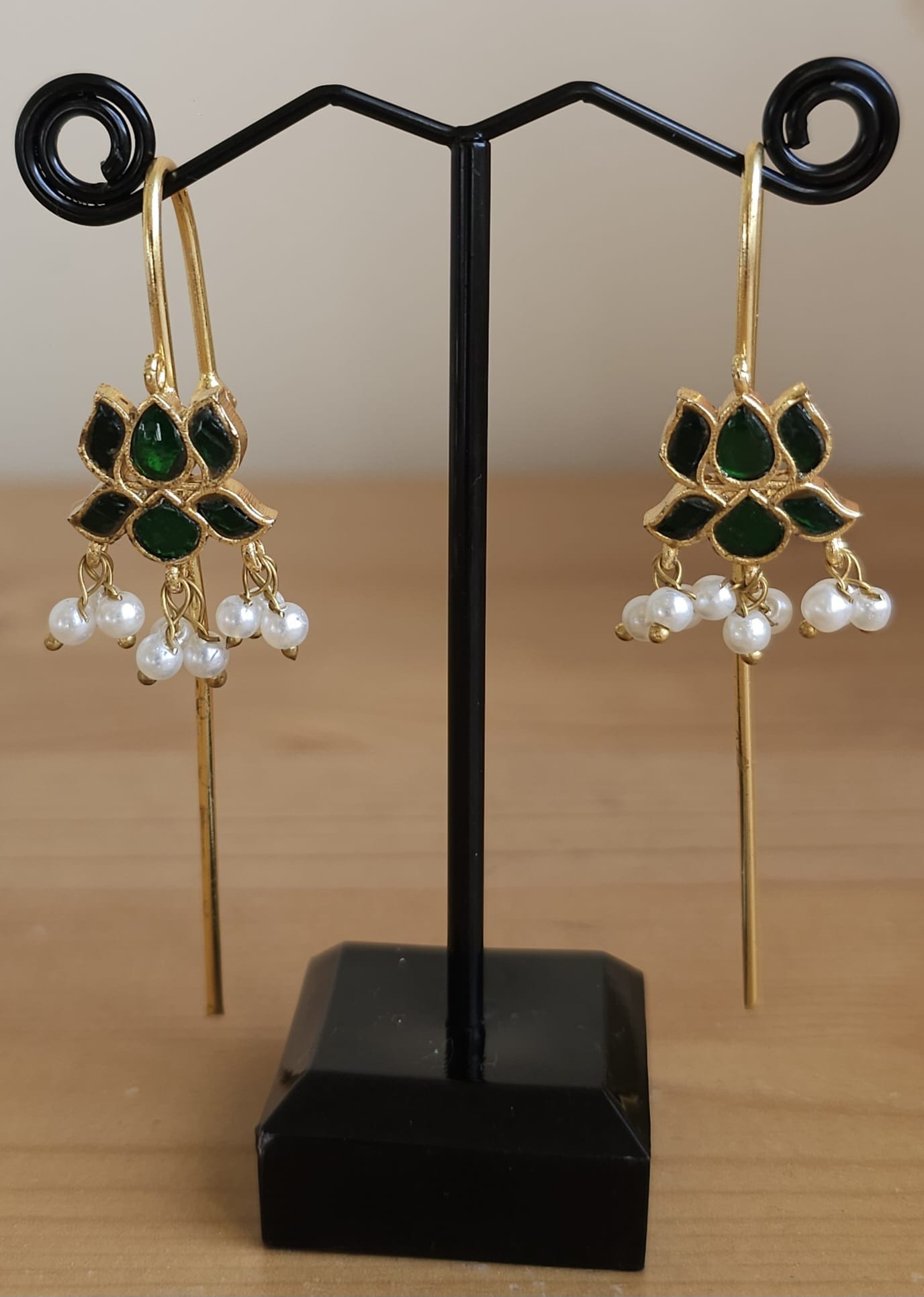 Golden Brass Floral Ear Cuffs | Emerald & Pearl Solid Metal Cuffs | Simply Sajavat Manchester