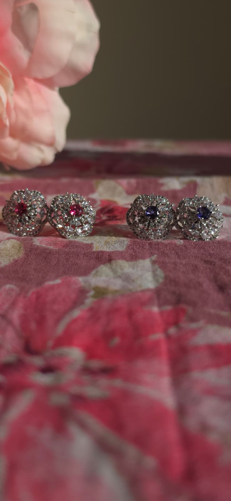Pink & Purple American Diamond Brass Ear Studs | Handcrafted Floral Statement Earrings | Simply Sajavat Manchester