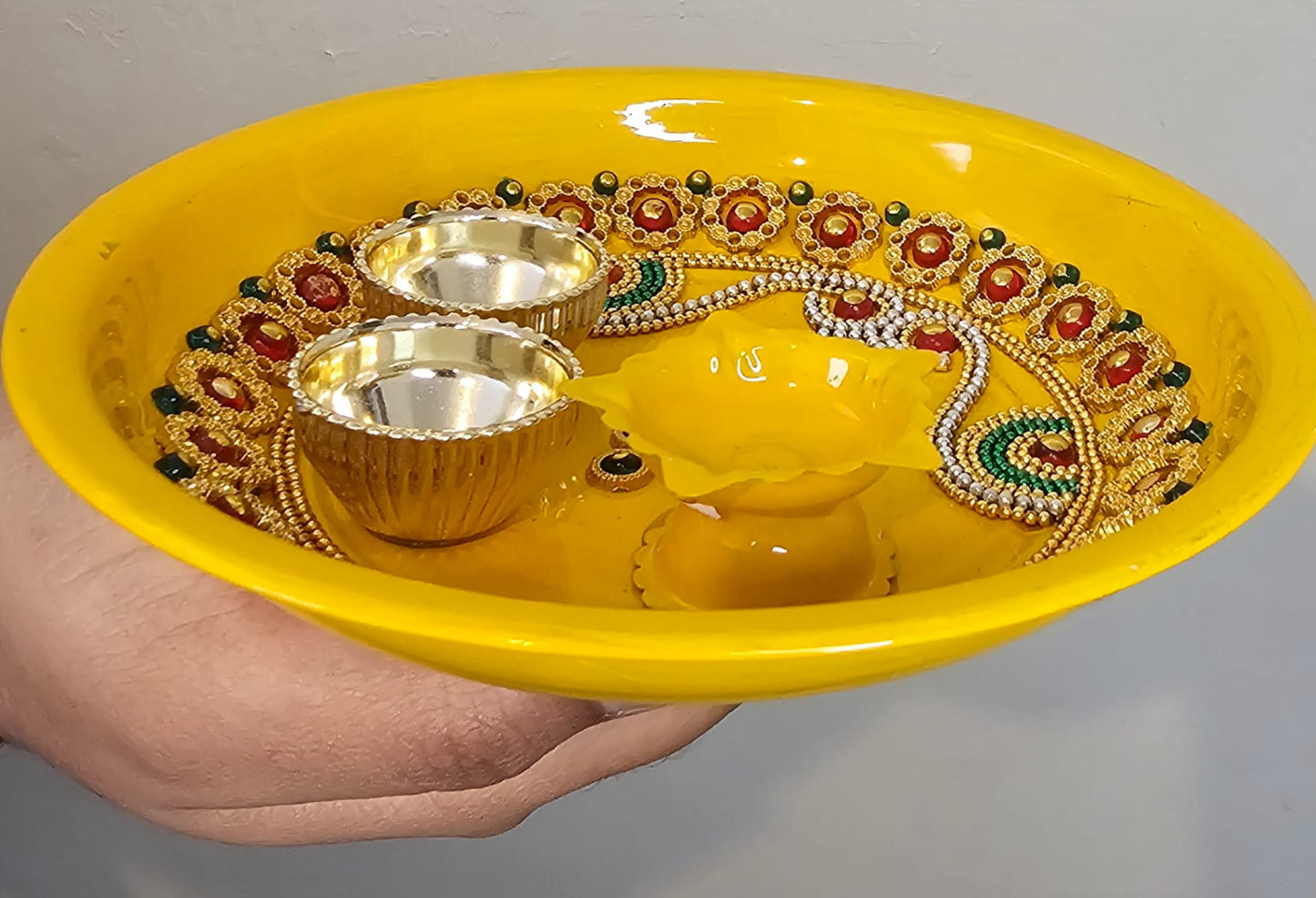 Yellow Decorative Puja Thali with Peacock Embellishment