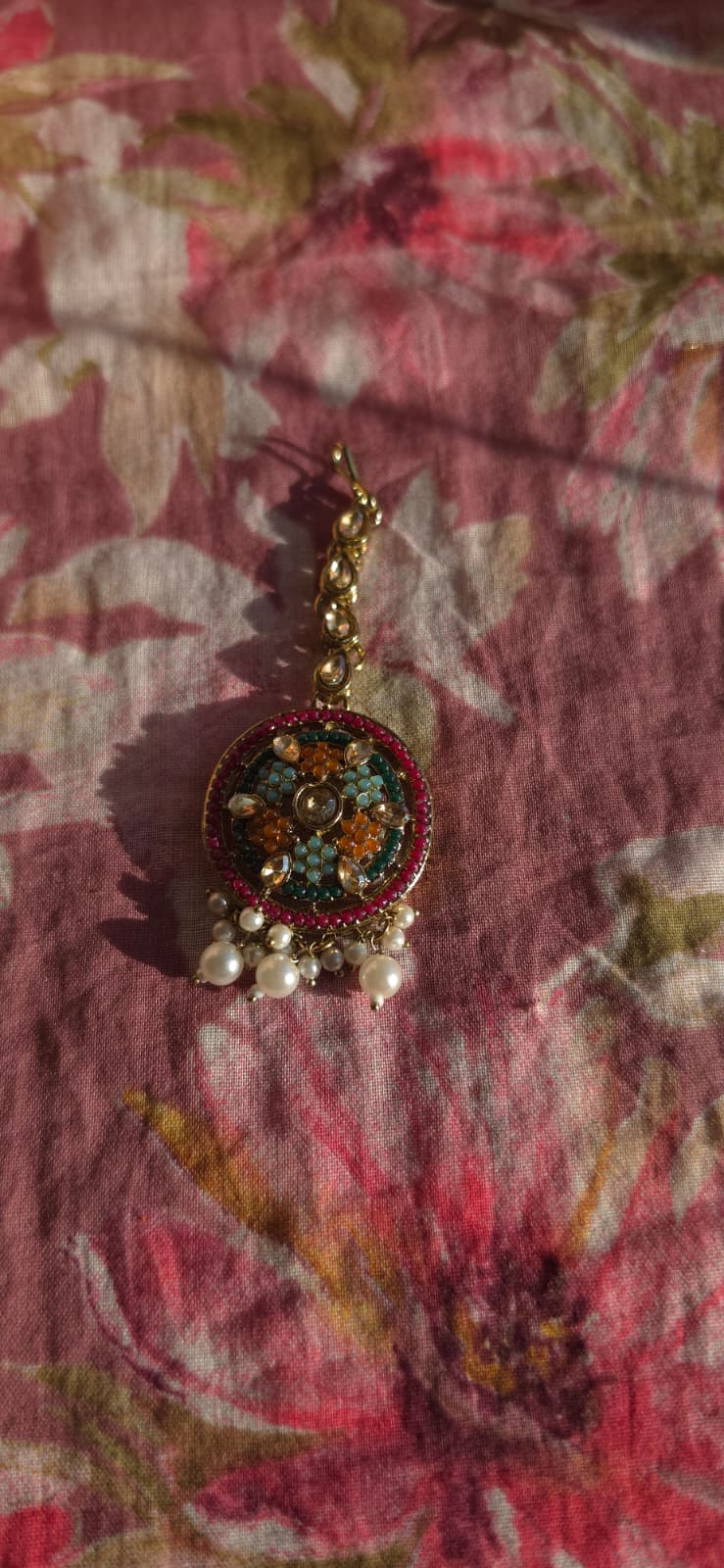 Multicolor Kundan Chandbali Earrings & Maang Tikka Set | Handcrafted Pearl Cluster Statement Set | Simply Sajavat Manchester