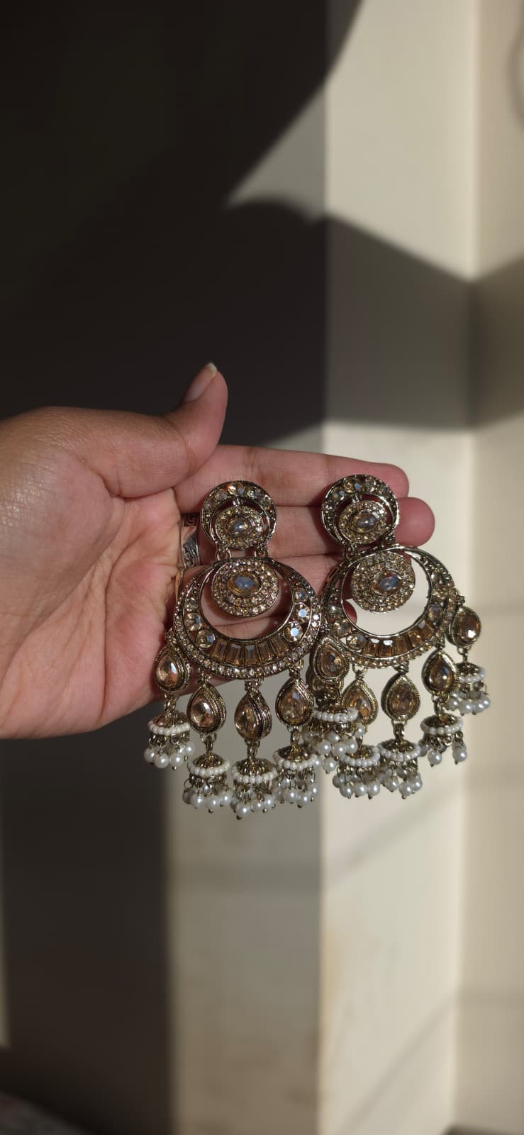 Ornate Antique Gold Kundan Chandbali Earrings | Pearl Jhumki Cluster Earrings | Simply Sajavat Manchester