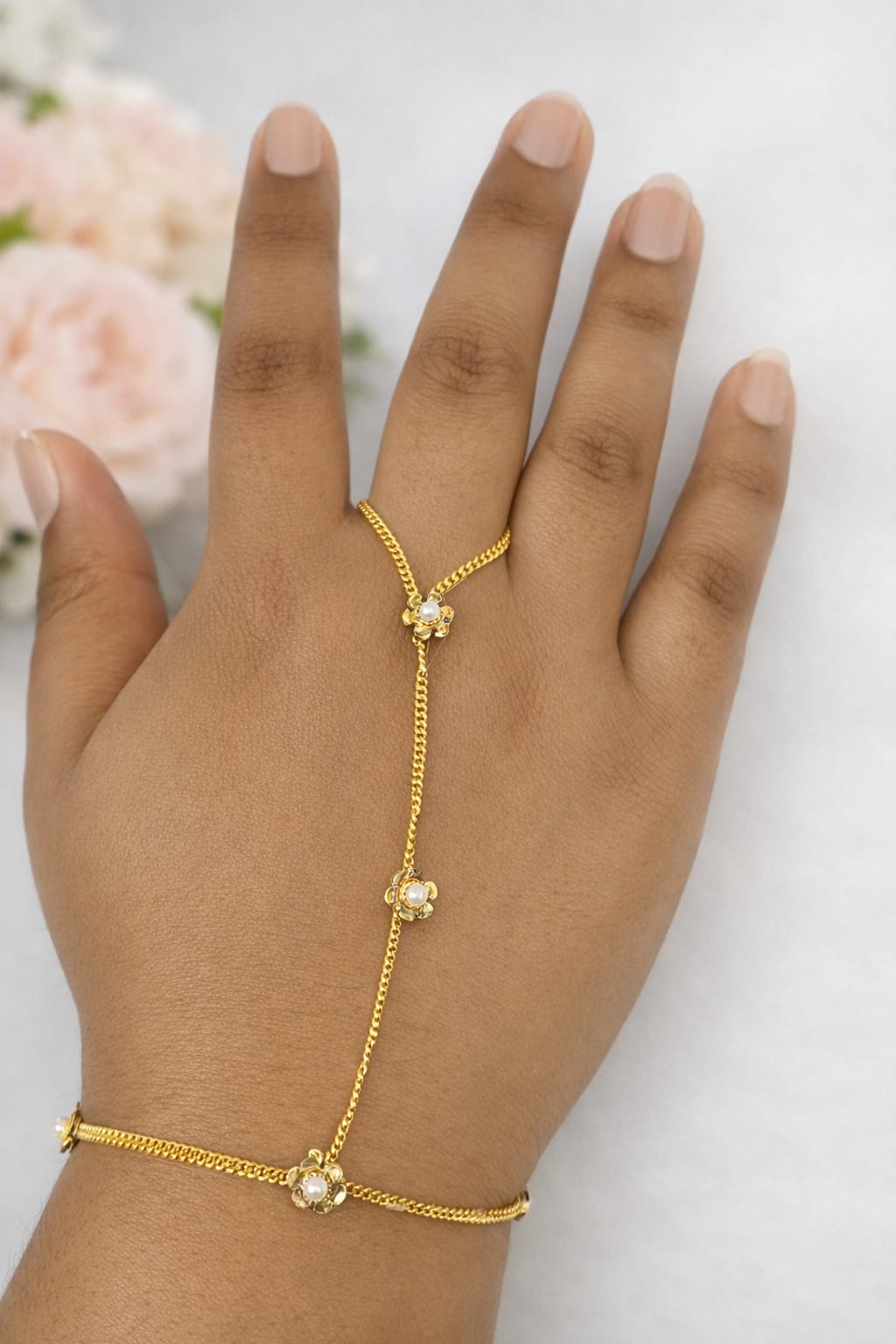 Gold Pearl Floral Haathphool | Traditional Indian Hand Harness Jewellery | Simply Sajavat Manchester