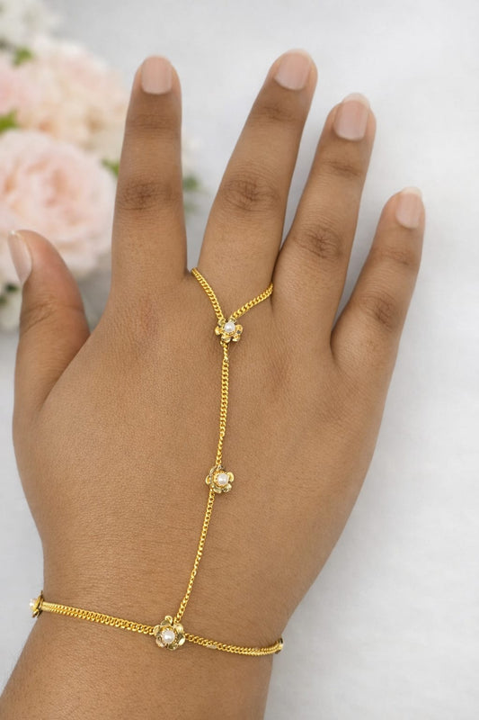 Gold Pearl Floral Haathphool | Traditional Indian Hand Harness Jewellery | Simply Sajavat Manchester