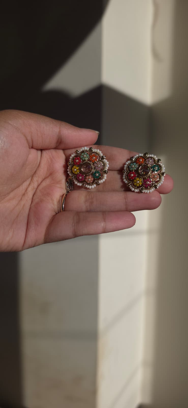 Multicolor Kundan Floral & Teardrop Stud Earrings | Handcrafted Pearl Border Statement Earrings | Simply Sajavat Manchester