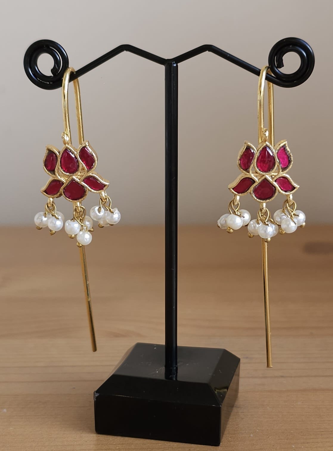 Golden Brass Floral Hook Earrings | Ruby & Pearl Solid Metal Drops | Simply Sajavat Manchester