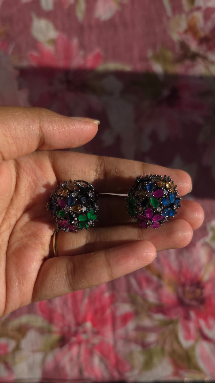 Multicolor American Diamond Brass Ear Studs | Handcrafted Floral Statement Earrings | Simply Sajavat Manchester