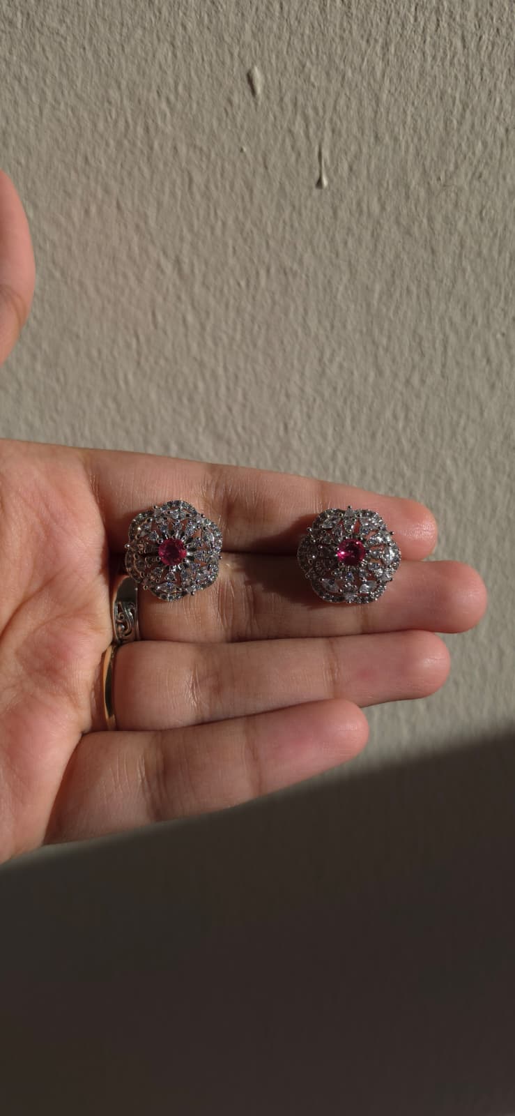 Pink & Purple American Diamond Brass Ear Studs | Handcrafted Floral Statement Earrings | Simply Sajavat Manchester