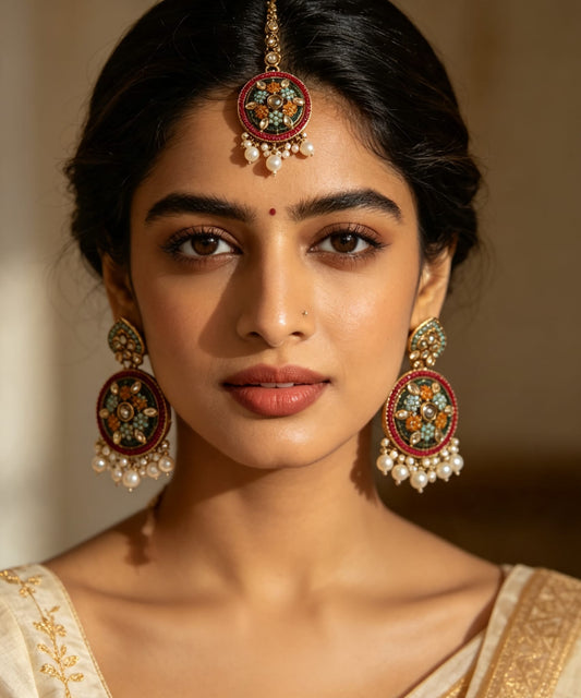 Multicolor Kundan Chandbali Earrings & Maang Tikka Set | Handcrafted Pearl Cluster Statement Set | Simply Sajavat Manchester