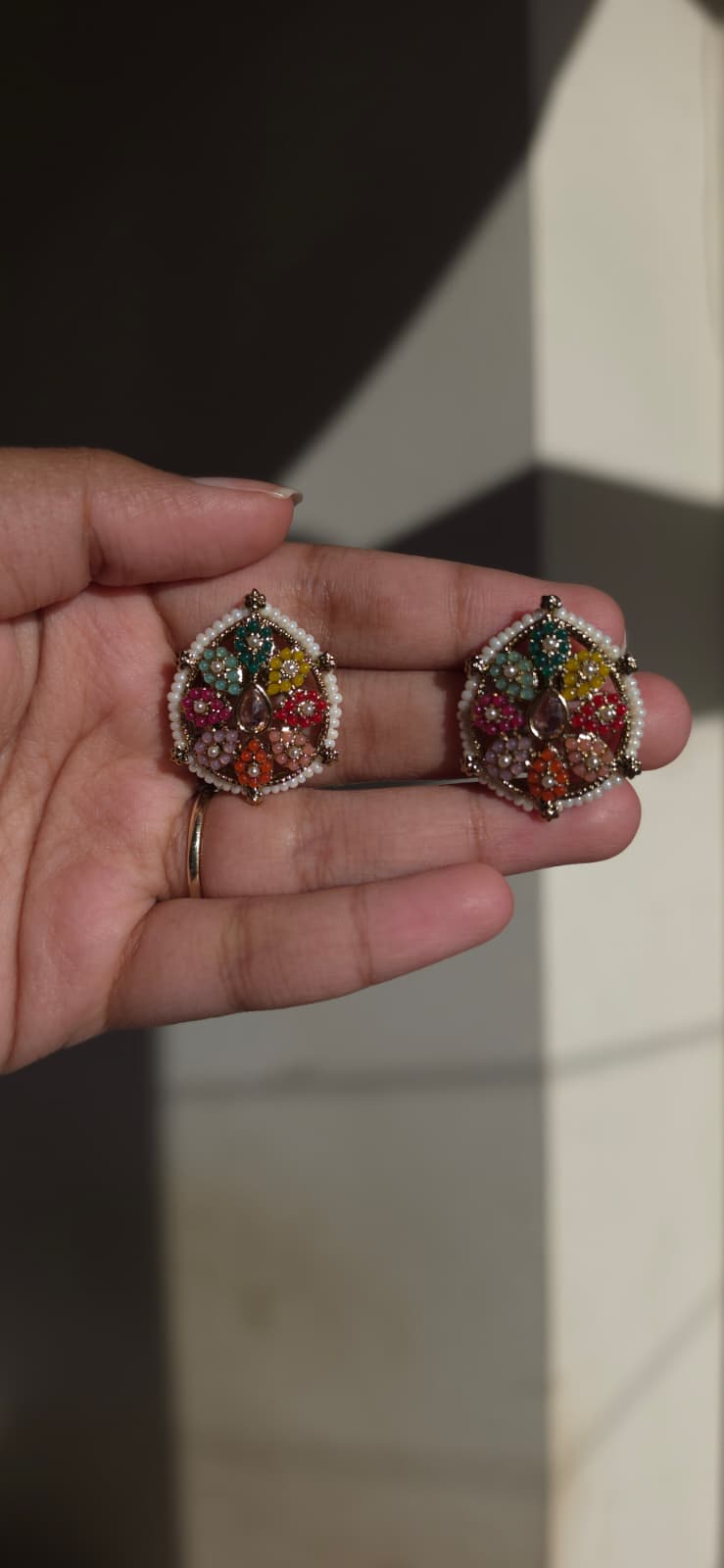 Multicolor Kundan Floral & Teardrop Stud Earrings | Handcrafted Pearl Border Statement Earrings | Simply Sajavat Manchester