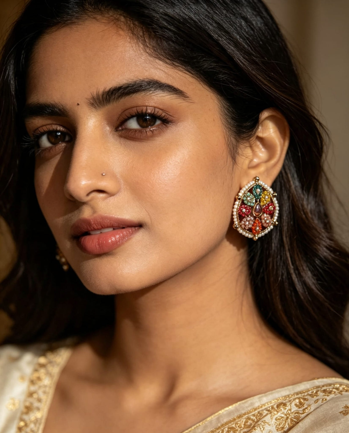 Multicolor Kundan Floral & Teardrop Stud Earrings | Handcrafted Pearl Border Statement Earrings | Simply Sajavat Manchester