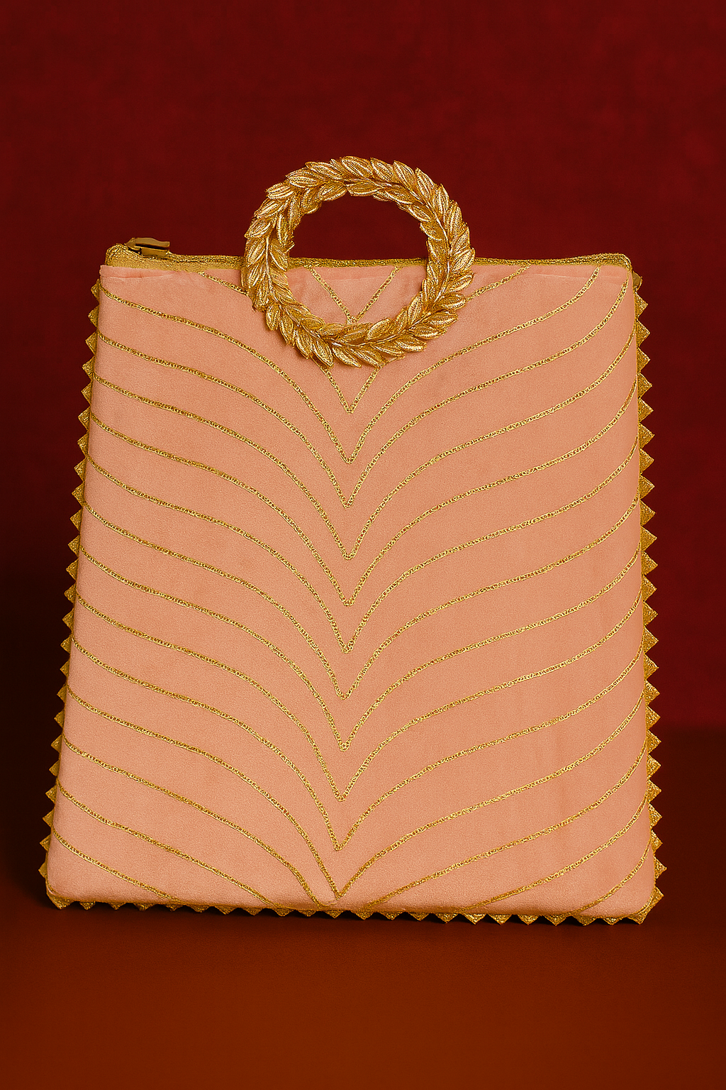 Peach Gota Work Handbag with Golden Wreath Handle