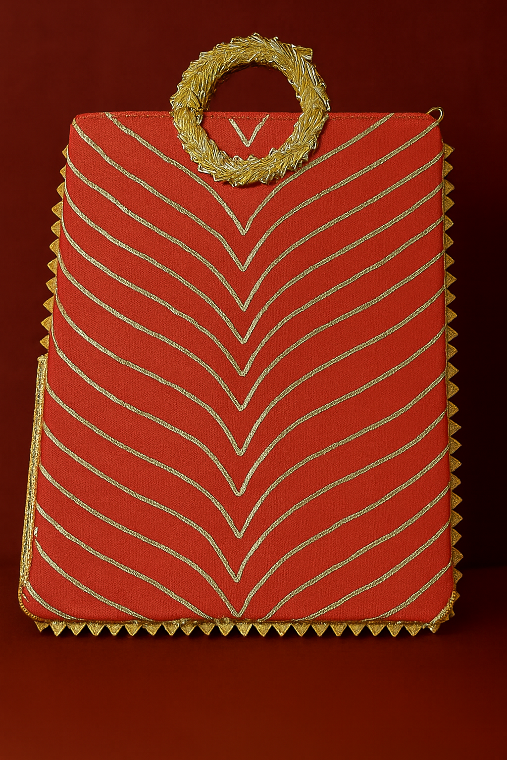 Rich Red Gota Work Gift Hamper with Golden Wreath Handle