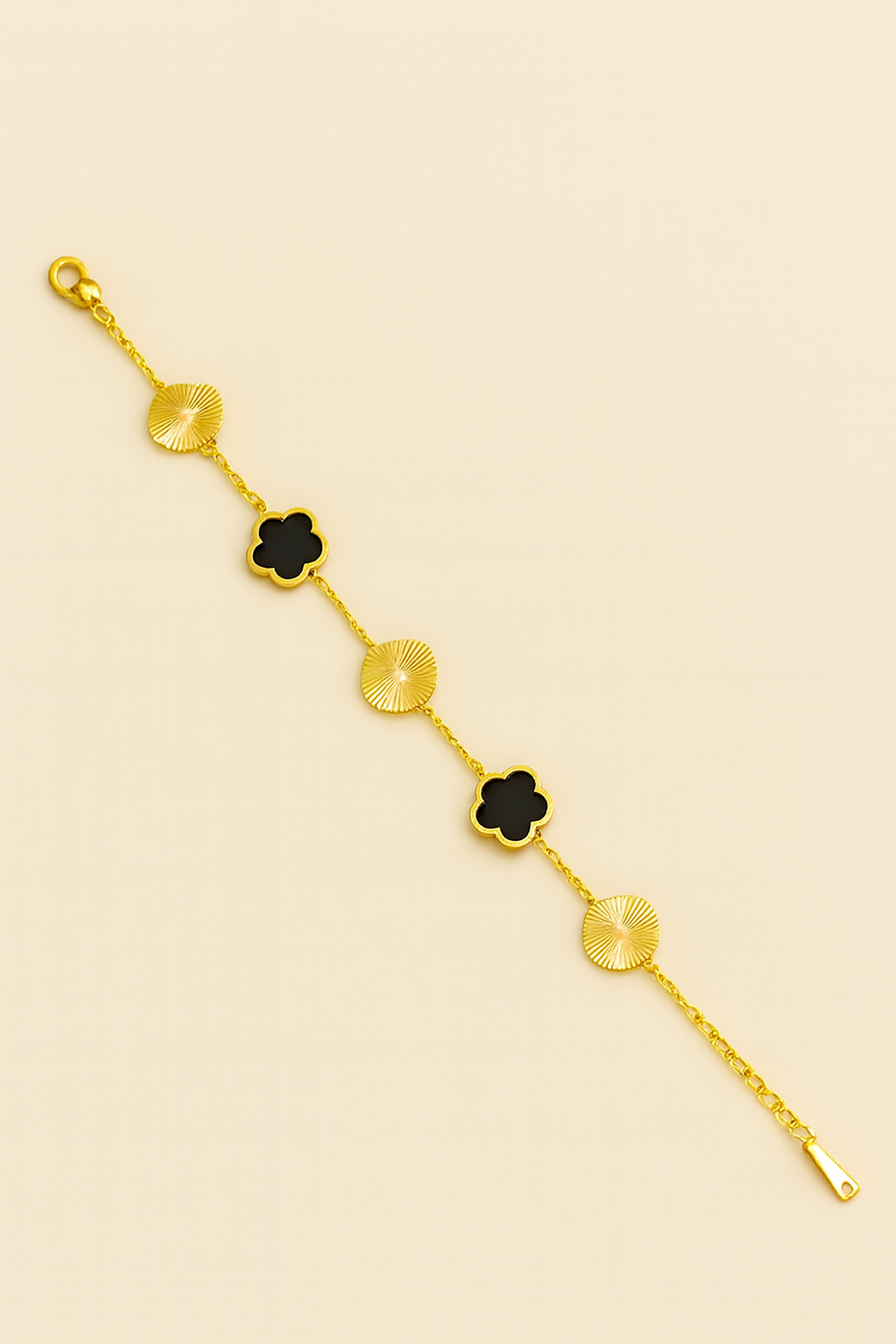 Waterproof Five-Clover Motif Bracelet | Tarnish-Free Gold, Silver & Onyx Black Stainless Steel