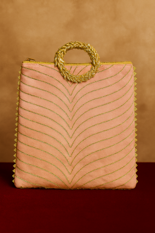 Peach Gota Work Handbag with Golden Wreath Handle