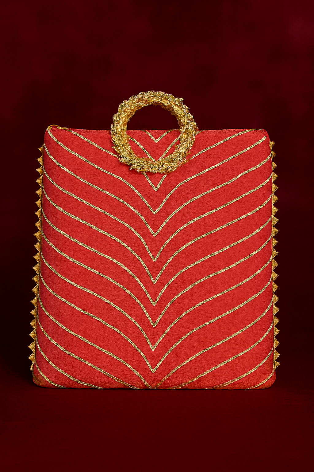 Rich Red Gota Work Gift Hamper with Golden Wreath Handle