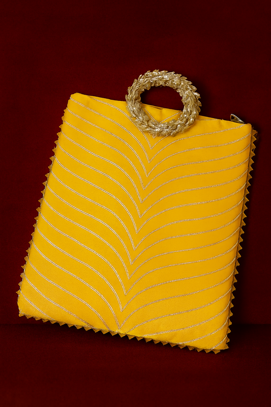 Vibrant Yellow Gota Work Gift Hamper with Golden Wreath Handle