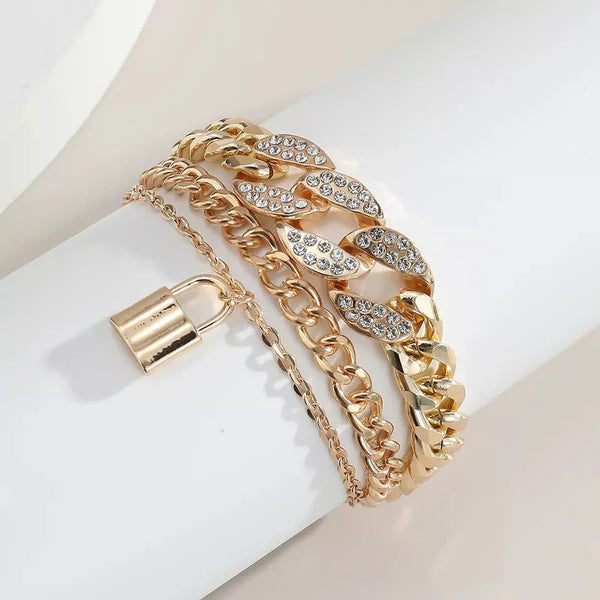 Multi-Layer Cuban Chain Padlock Bracelet Set | Anti-Tarnish Gold & Silver Stainless Steel | Simply Sajavat Manchester