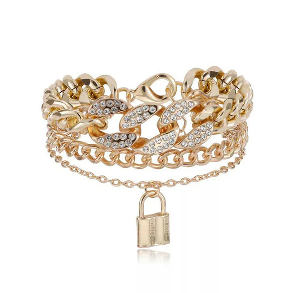 Multi-Layer Cuban Chain Padlock Bracelet Set | Anti-Tarnish Gold & Silver Stainless Steel | Simply Sajavat Manchester