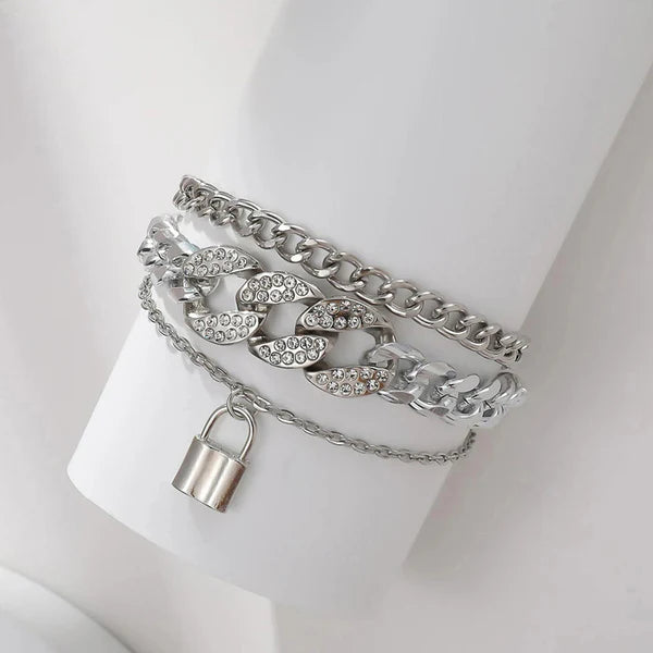 Multi-Layer Cuban Chain Padlock Bracelet Set | Anti-Tarnish Gold & Silver Stainless Steel | Simply Sajavat Manchester