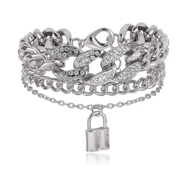 Multi-Layer Cuban Chain Padlock Bracelet Set | Anti-Tarnish Gold & Silver Stainless Steel | Simply Sajavat Manchester