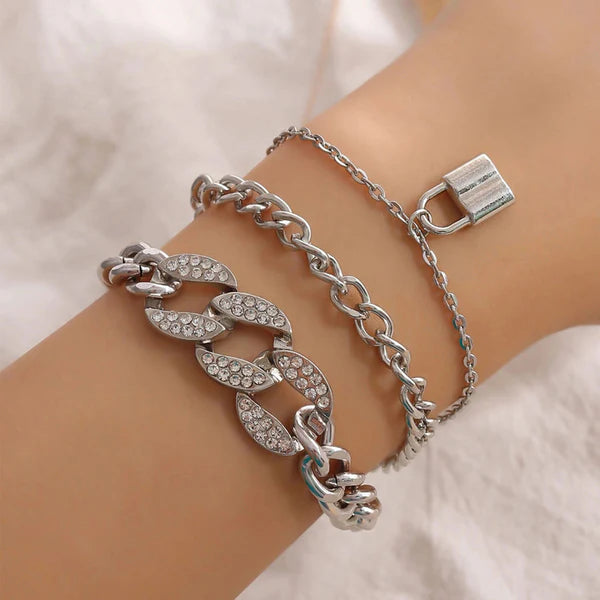 Multi-Layer Cuban Chain Padlock Bracelet Set | Anti-Tarnish Gold & Silver Stainless Steel | Simply Sajavat Manchester