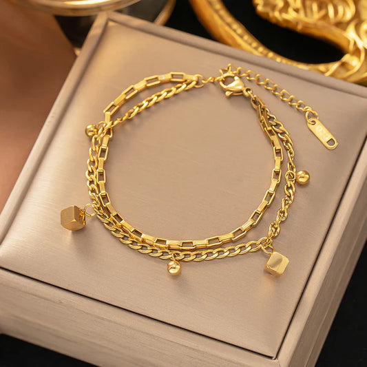 Gold Plated Anti Tarnish Stainless Steel Cube themed Wraparound Bracelet Gold