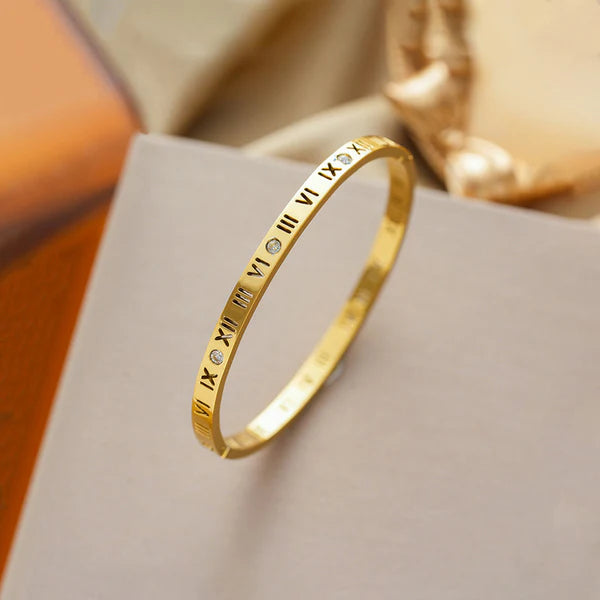 Waterproof Roman Numeral Crystal Bangle | Anti-Tarnish Gold & Silver Stainless Steel | Simply Sajavat Manchester