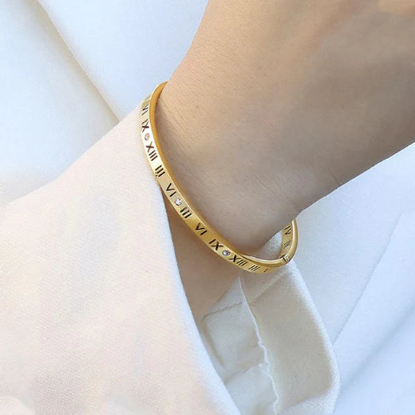 Waterproof Roman Numeral Crystal Bangle | Anti-Tarnish Gold & Silver Stainless Steel | Simply Sajavat Manchester