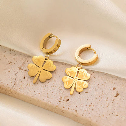 Gold Plated Anti Tarnish Stainless Steel Clover Themed Drop Earrings Gold