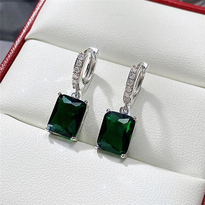 Silver Plated Anti Tarnish Green Rectangular American Diamond Studded Crushed Ice Cut Drop Earrings