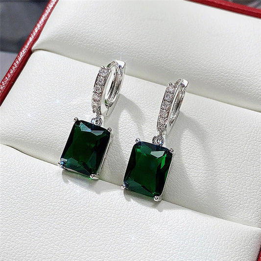 Silver Plated Anti Tarnish Green Rectangular American Diamond Studded Crushed Ice Cut Drop Earrings