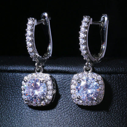 Silver Plated Anti Tarnish American Diamond Studded Rectangular Crushed Ice Cut Drop Earrings