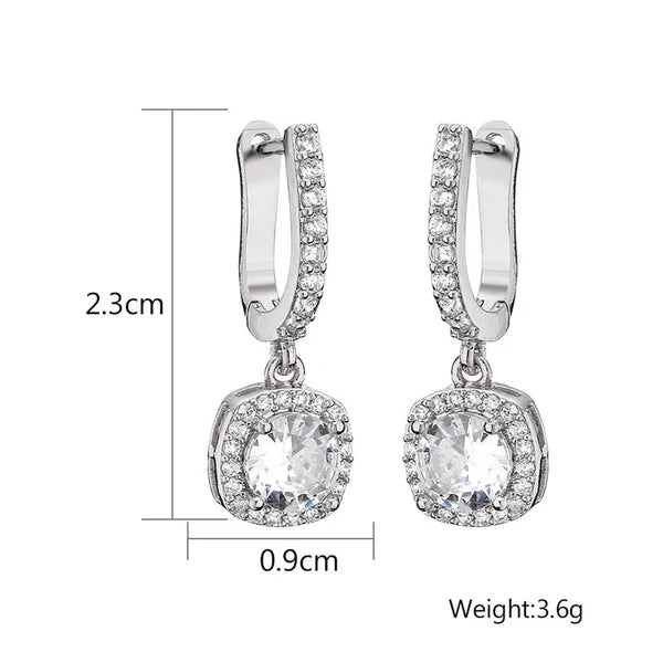 Silver Plated Anti Tarnish American Diamond Studded Rectangular Crushed Ice Cut Drop Earrings