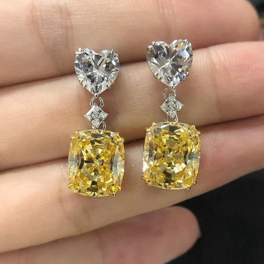 Silver Plated Anit Tarnish American Diamond Studded Yellow Heart inspired Crushed Ice Cut Drop Earrings