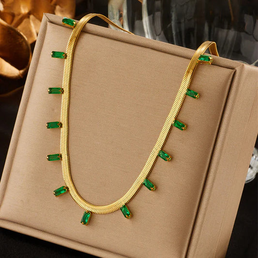 Gold Plated Stainless Steel Anti Tarnish Snake Chain Green Emerald Studded Necklace