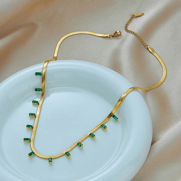 Gold Plated Stainless Steel Anti Tarnish Snake Chain Green Emerald Studded Necklace