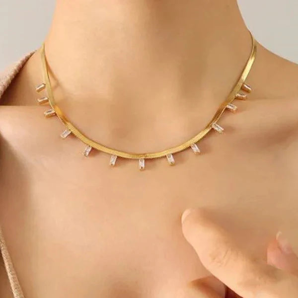 Waterproof Herringbone Snake Chain Drop Necklace | Green & White Crystal Gold Stainless Steel | Simply Sajavat Manchester