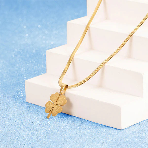Waterproof Four-Leaf Clover Pendant Necklace & Earrings Set | Anti-Tarnish Gold Stainless Steel | Simply Sajavat Manchester